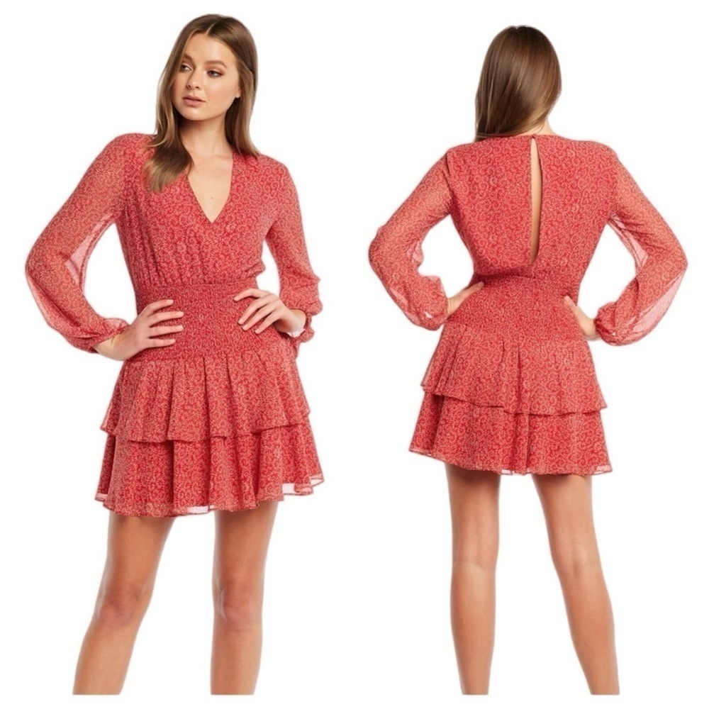 Bardot Ditsy Floral Mini Dress 10 red long sleeve smocked tiered ruffle v‎ neck